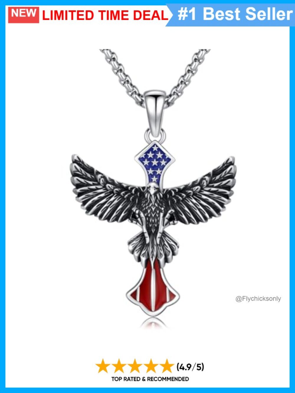 925 Sterling Silver American Flag Eagle Cross Necklace 20+2in Box Chain